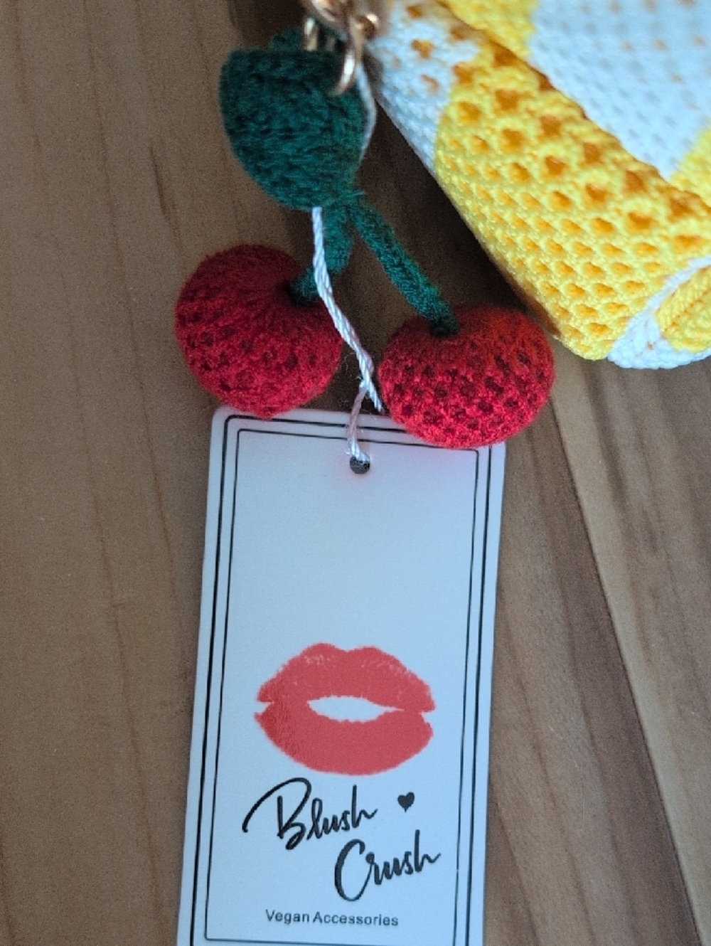 Blush Crochet Cosmetic Pouch in Yellow and White with Red Cherry Charm - Picture 2 of 10